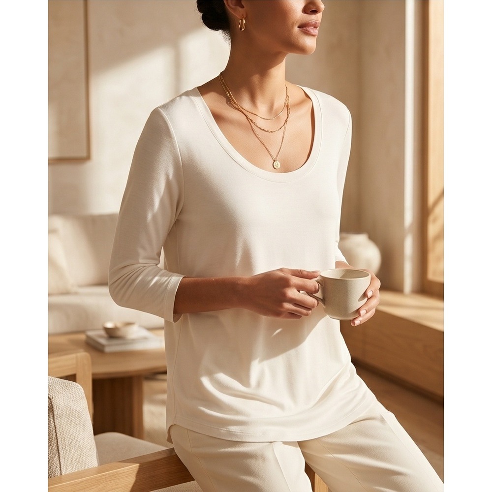 Ann Taylor L Cream Split Back 3/4 Sleeve Scoop Neck Top Fairycore Elegant NWT